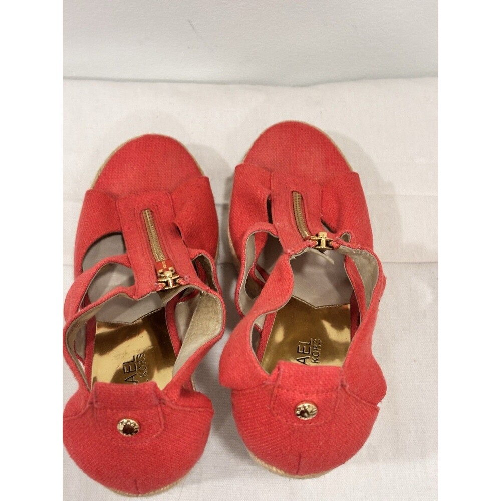 Michael Kors Red Canvas Espadrille Wedge Sandals Zipper Gold Accent Women Size 7 - Picture 10 of 10